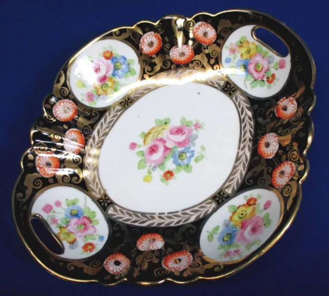 Hand-Painted Nippon Black Gold & Multicolor Florals W/ Heavy Gold Oval Bowl 2