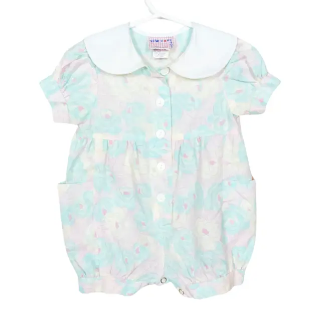 VINTAGE 1980s Baby Romper Pastel Floral Peter Pan Collar Buttoned Girl's 12