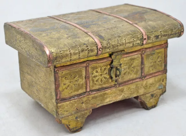 Antique Wooden Brass Jewellery Box Original Old Fine Hand Crafted