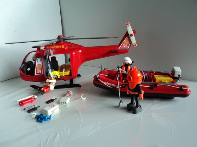 PLAYMOBIL vintage city médical secours hélicoptère zodiac rouge