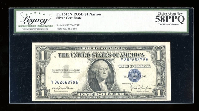 DBR 1935-D $1 Silver Fr. 1613N Narrow YE Block Legacy 58 PPQ Serial Y86266879E