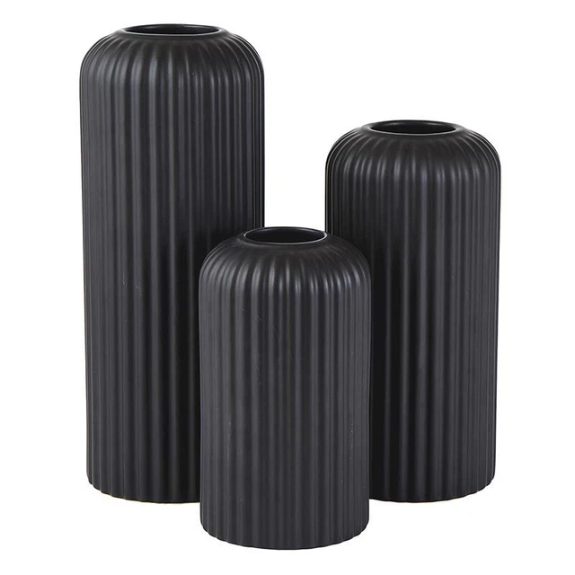 Black Ceramic Vases Lined Modern Flower Vases Set of 3 Home Decor, 10"H - 2 Pack
