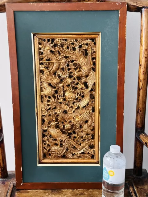 1900s Chinese Antique Wood Gilt and Carved Panel