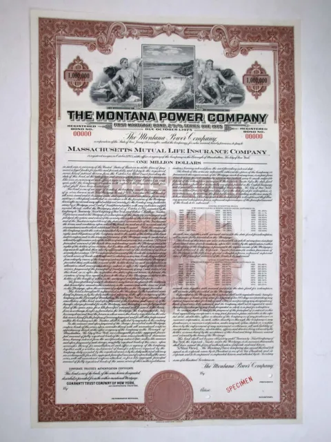 NJ. Montana Power Co. 1925. Registered 1 Million Dollar Specimen Bond, XF . ABNC