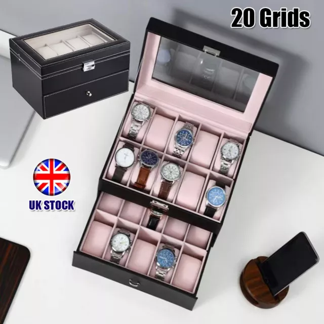 20 Slot Watch Box Leather Display Glass Jewelry Storage Organizer Case Collector