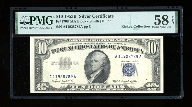 DBR 1953-B $10 Silver Fr. 1708 PMG 58 EPQ Serial A11928789A