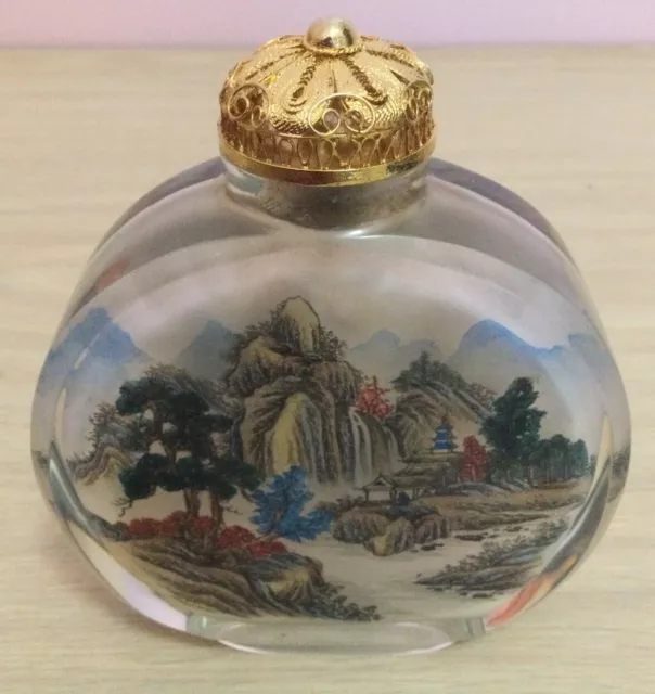 Large Chinese Reverse Painted Snuff Perfume Bottle With Gilt Lid