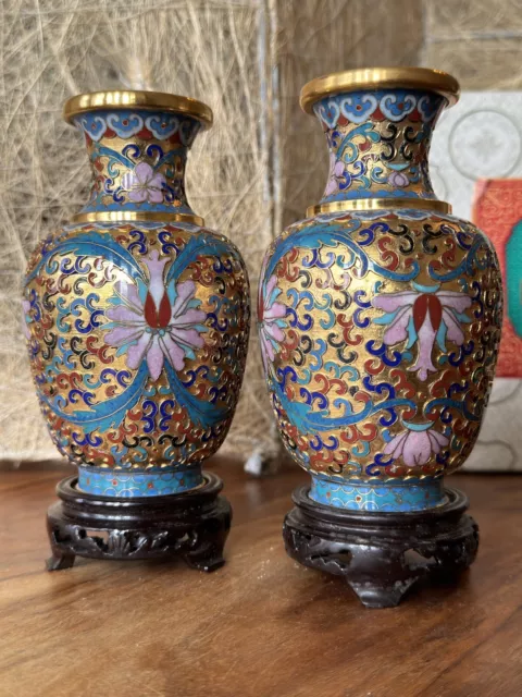 Pair Of Chinese Blue Champleve Cloisonne 13Cm Vases W/Base In Box Leaf Pattern