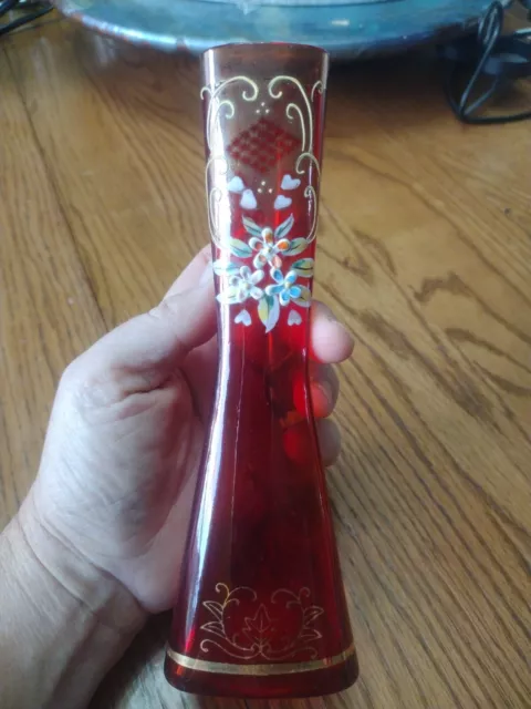 Vintage Bohemian Ruby Red & Gold Gilt Hand Painted Raised Floral Bud 7.25" Vase