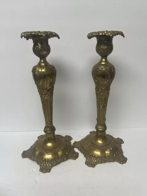 Pair Of  Solid Brass 12.25" Tall Gothic Medieval Candle Stick Holder Stands