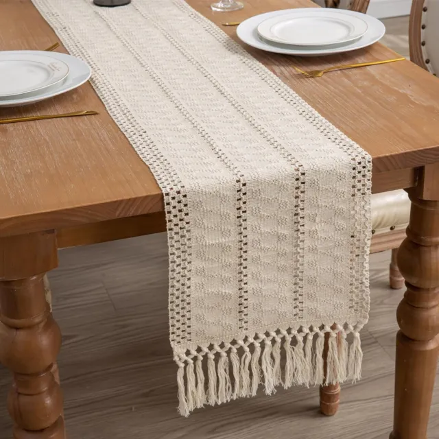 Rustic Woven Cotton Linen Dining Table Runner w/ Tassel Wedding Party Home Decor