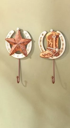 2Pc Rustic Western Cowboy Boot Horseshoe Lone Star Wall Hook Key Hanger 3D Decor