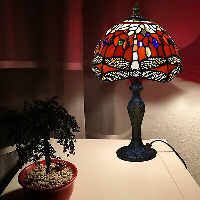 Tiffany Red and White Dragonfly Table Lamp 10 Inch Style Stained Glass Shade UK.