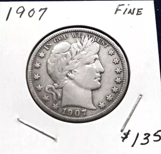 1907 Barber Silver Half Dollar, Fine Grade, Great Gift,