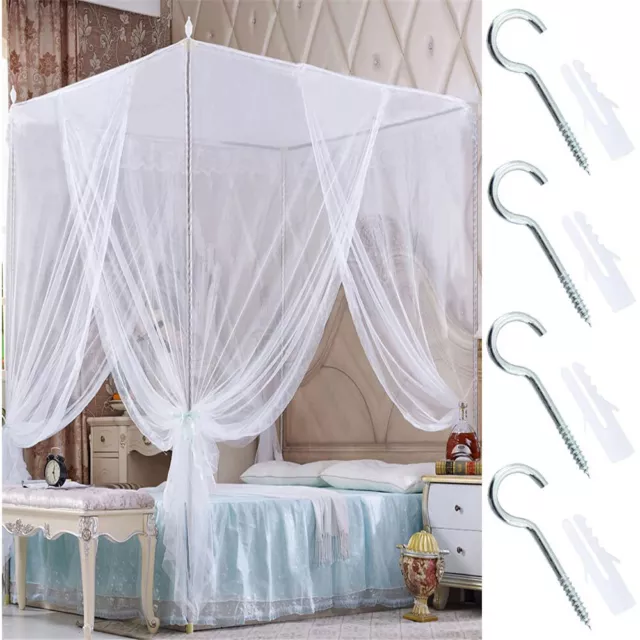 White 4 Corners Post Bed Canopy Curtain Mosquito Net Or Frame Single Double King