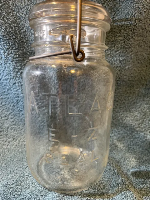 Vintage Atlas E-Z SEAL Quart Clear Glass Canning Jar With Wire Bale & Glass Lid