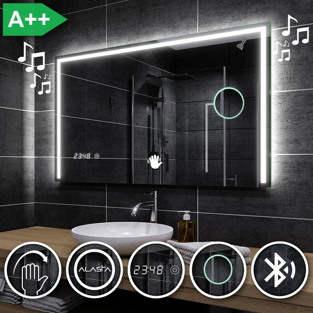 Miroir De Salle De Bain LED Hamburg - Bluetooth, Horloge, Interrupteur, Design Moderne