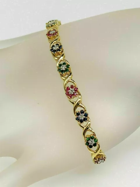 9Ct Lab-Created Sapphire Emerald Diamond Flower Bracelet 14K Yellow Gold Plated