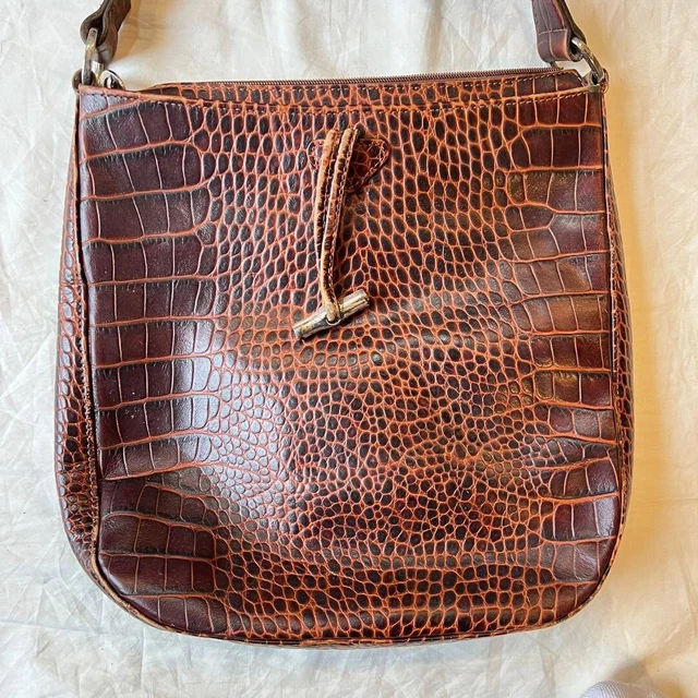 Longchamp Roseau Shoulder Bag Leather Croc Embossed Brown Made in France 3