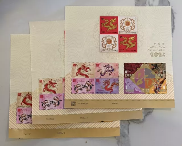 China  2024-1  + Hong Kong + Macau   New Year Dragon stamps S/S X 3 Joint B C 三地