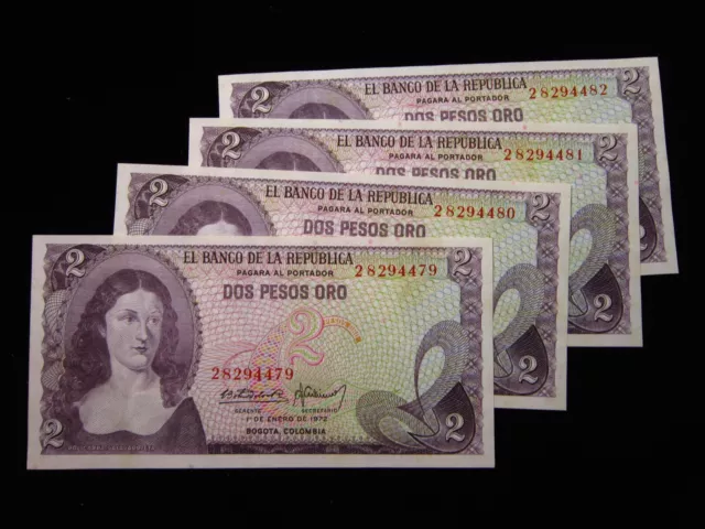 COLOMBIA 2 Pesos 1972 P413 4x Consecutive Set Banco de la República 4479# Money