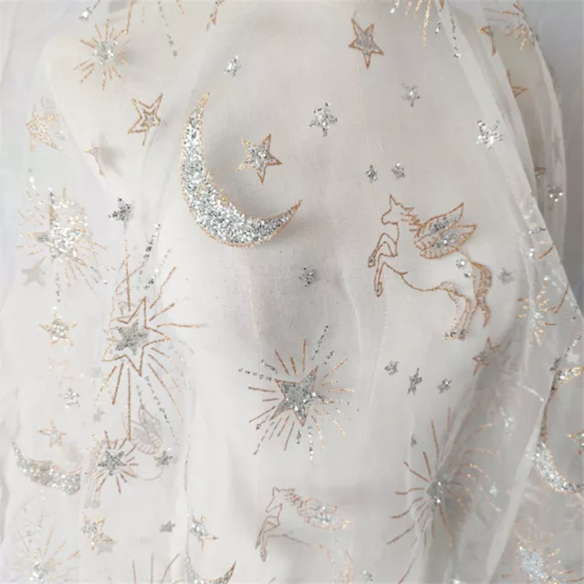 Embroidery Moon Star Lace Mesh Fabric DIY Costume Clothes Dress Curtain Kid Cape