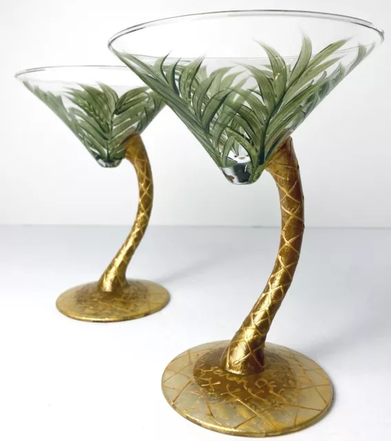 Palm Tree Martini Glass Hand Painted Set 2 Tropical Beach Cocktail Gold Signed