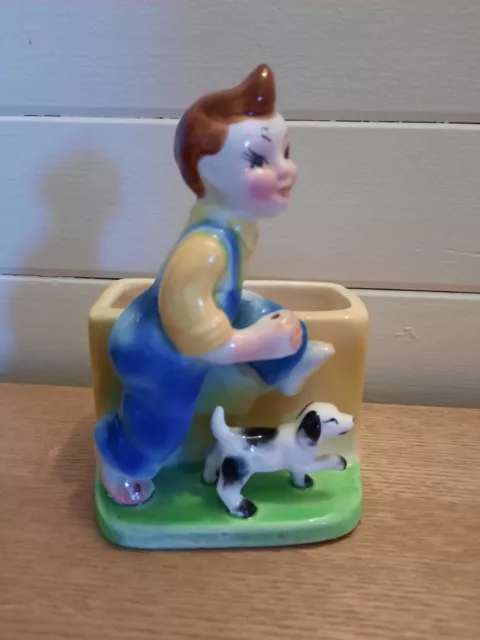 1940s Majolica Boy With Dog Planter 16cm