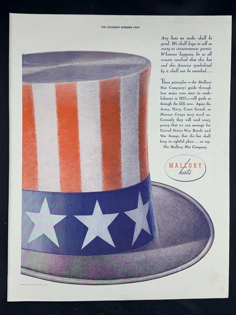 Magazine Ad* - 1942 - Mallory Hats - World War 2 - Flag Hat
