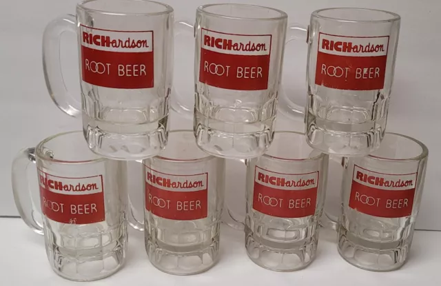 Lot of 7 Vintage RICHardson Root Beer Mugs Red Logo 5” Tall Heavy Thick Glass