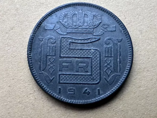 1941 Belgium 5 Francs Coin XF Zinc #W76