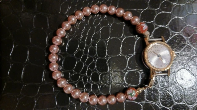 Vintage Timex Wristwatch Pearl Beads Cloisonne Stainless Steel 7.5 in.