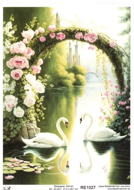 Reispapier A4 Strohseide Decoupage Rosen Schwäne Schwan See Brücke Bogen RE1027