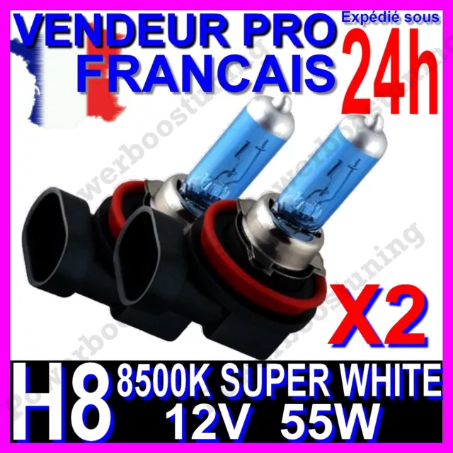 Kit De 2 Ampoule H8 55W Lampe Halogene Feu Phare Xenon Gaz Super White 8500K 12V