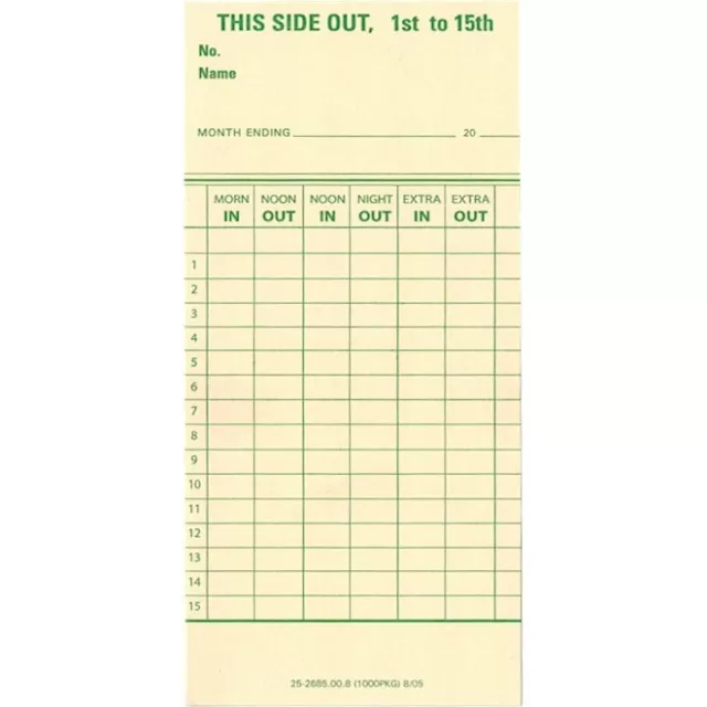 1000 Count, Form 25-2685-00-8 Semi-Monthly Time Cards for Top-Load Time Clocks 2