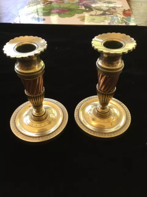 Antique French Brass and Copper empire candlesticks