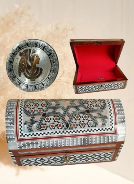 Egyptian handmade wooden jewelry box and handmade Pharaonic Decorative plate