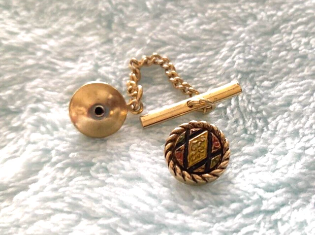 Vintage 1970's Sarah Coventry  Art Nouveau Glass Art Tie Tac Chain Gold Tone Pin