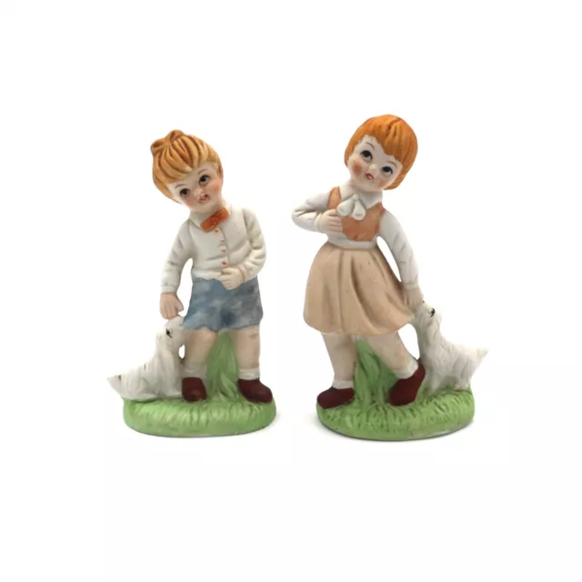Vintage Pair of Children Figurines, Cute Puppies, Dog Porcelain, 1950s, Retro