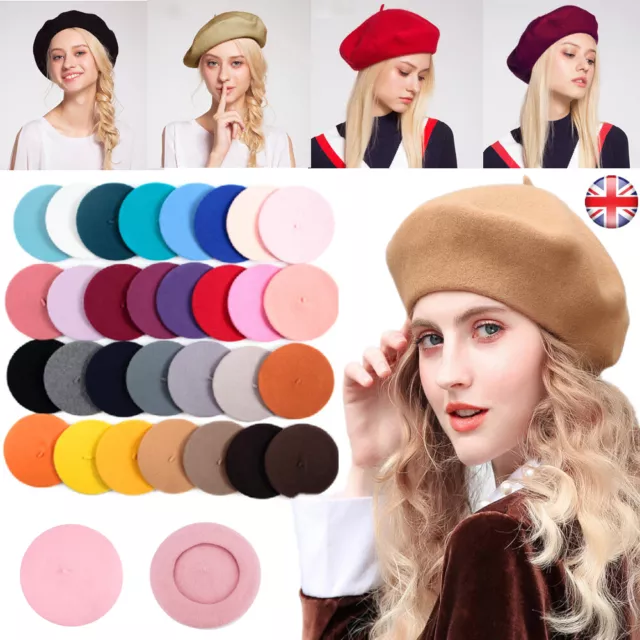 Cute Plain Beret Hat Wool Autumn Women Girls Fashion Hats French Beret Winter UK