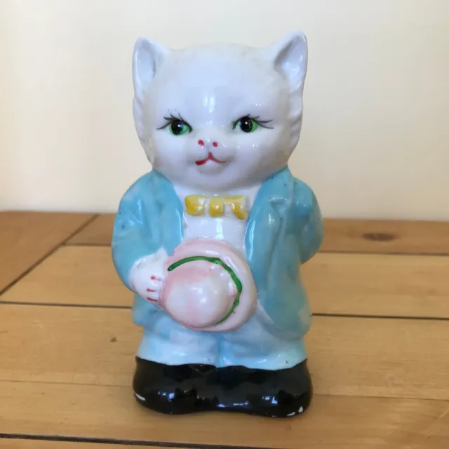 Porcelain Dressed Up Cat Kitten Money Piggy Bank Vtg Anthropomorphic Ceramic 5"