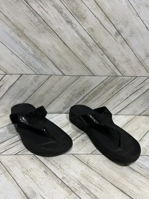 Fitflop Electra Women Black Sequins Flip Flop Thong Wedge Sandals 034-001 Sz 11