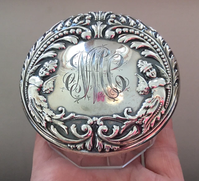 ANTIQUE 19thC FOSTER & BAILEY STERLING LID GLASS JAR-ORNATE REPOUSSE MERMAIDS