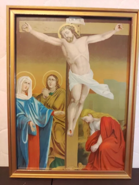 Antique Vintage Picture Crucified Jesus I N R I Lithograph Wood Picture Frame