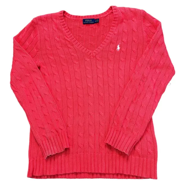 Polo Ralph Lauren Cable Knit Jumper V-Neck Pullover Pink Sweater Womens Medium