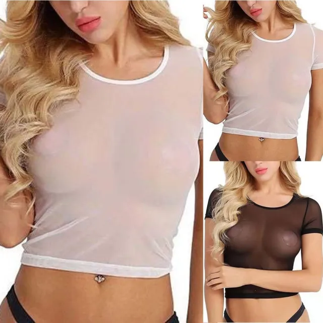 Camicia sexy donna in rete trasparente top a maniche corte vista attraverso magl