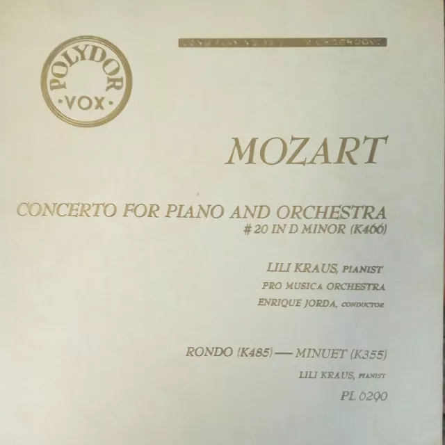 Vox Polydor Pl 6290 Mozart Pno Cto #20 *Lili Kraus Jorda* Ex+/Vg Vox Polydor Pl 6290 Mozart Pno Cto #20 *Lili Kraus Jorda* Ex+/Vg