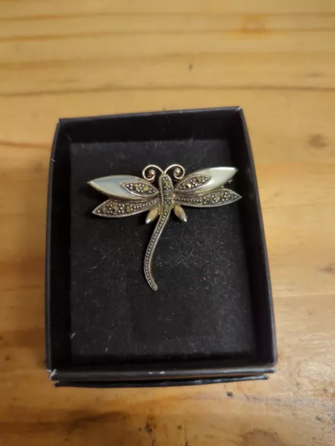 Sterling silver, mother of pearl and marcasite vintage dragon fly brooch