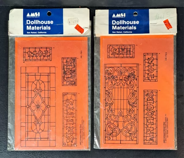 Vintage 1976 AMSI 1:12 Dollhouse Materials Stained Glass Windows 2 Sets 701 702