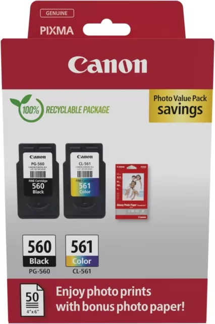 Canon Pg-560/Cl-561 Cartucho de Tinta + 50 Papel Fotográfico Paquete de Ventaja